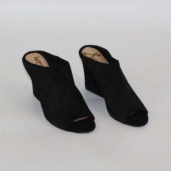 Sam Edelman Black Suede Peep-Toe Wedge Mules Size 8 Womens Slip-On Shoes - Picture 1 of 9